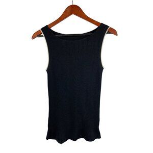 Black Sleeveless Ribbed Knit Top With White Trim Detail